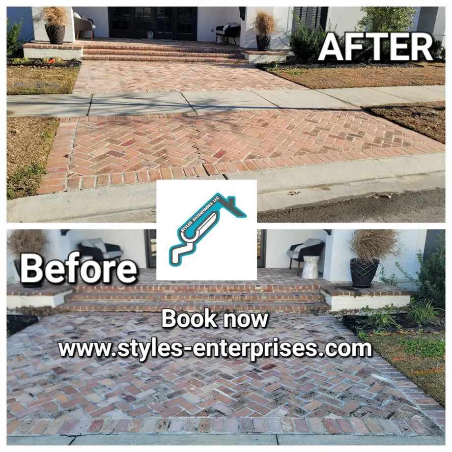 Before-and-after brick walkway pressure washing results