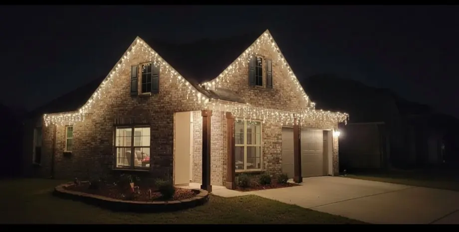Warm white holiday lights installed along a home roofline