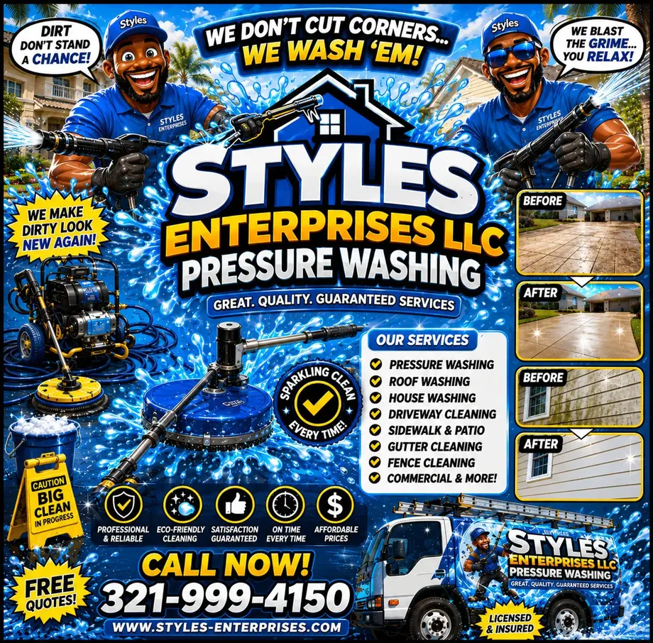 Styles Enterprises pressure washing team and equipment with before-and-after property results